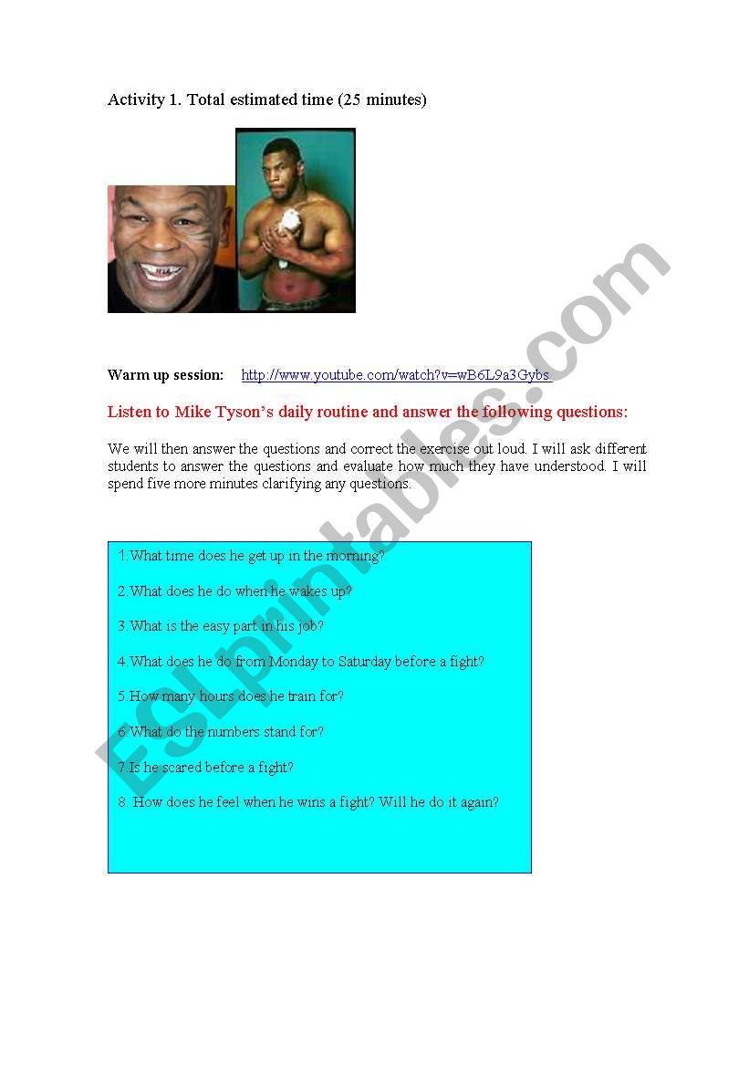 Mike Tysons Daily Routine worksheet