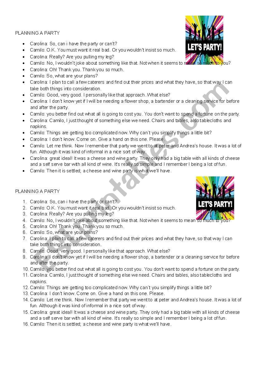 plannig a party conversation  worksheet