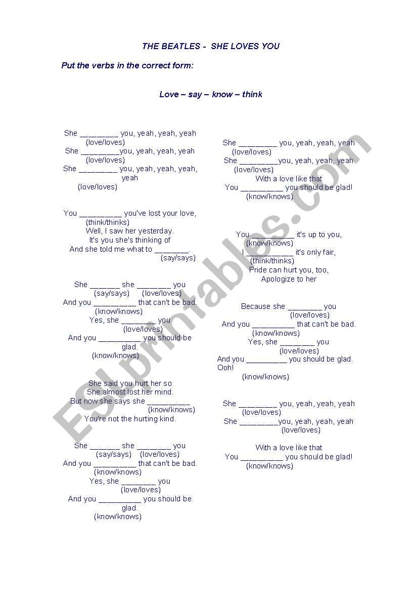 Teaching through Songs - She loves you - Simple Present Exercise