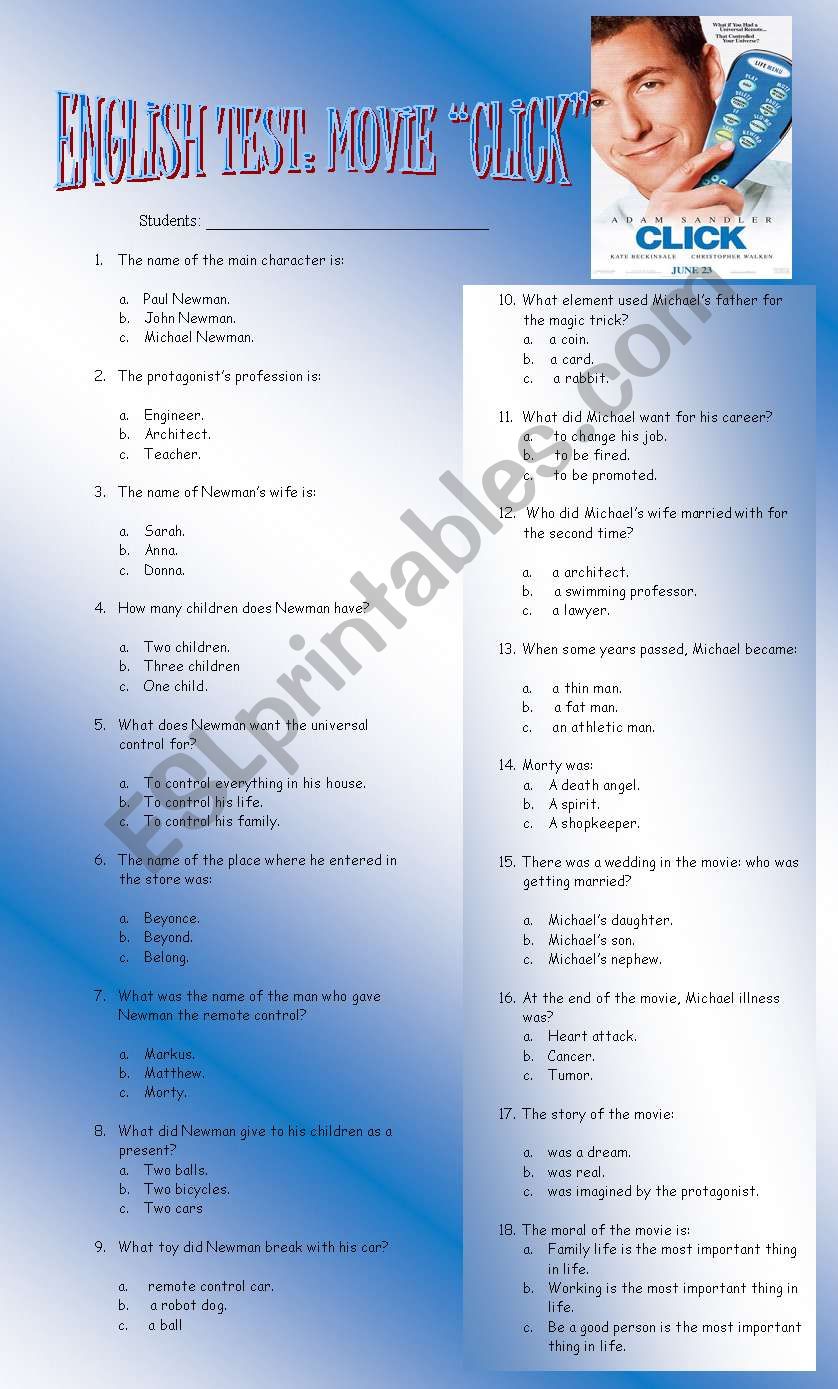 ENGLISH TEST MOVIE CLICK worksheet