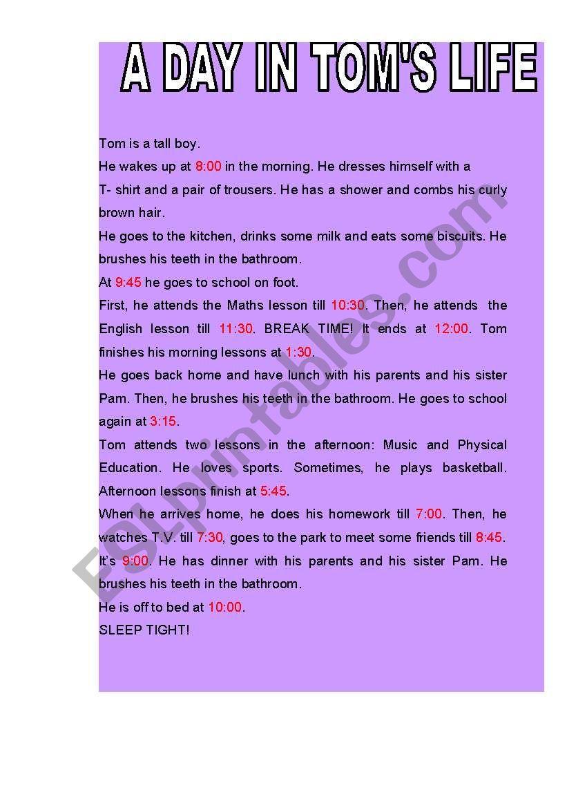 A DAY IN TOMS LIFE worksheet