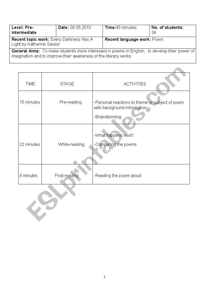 a poetry (poem) lesson plan with worksheets