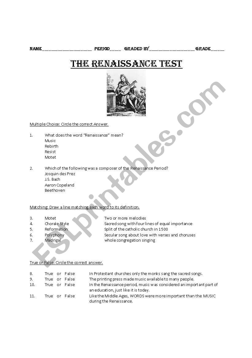 Renaissance Test worksheet
