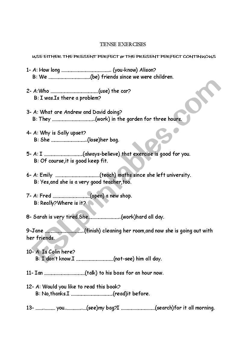 present perfect worksheet