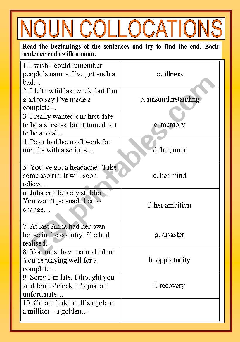 Noun collocations 1 worksheet