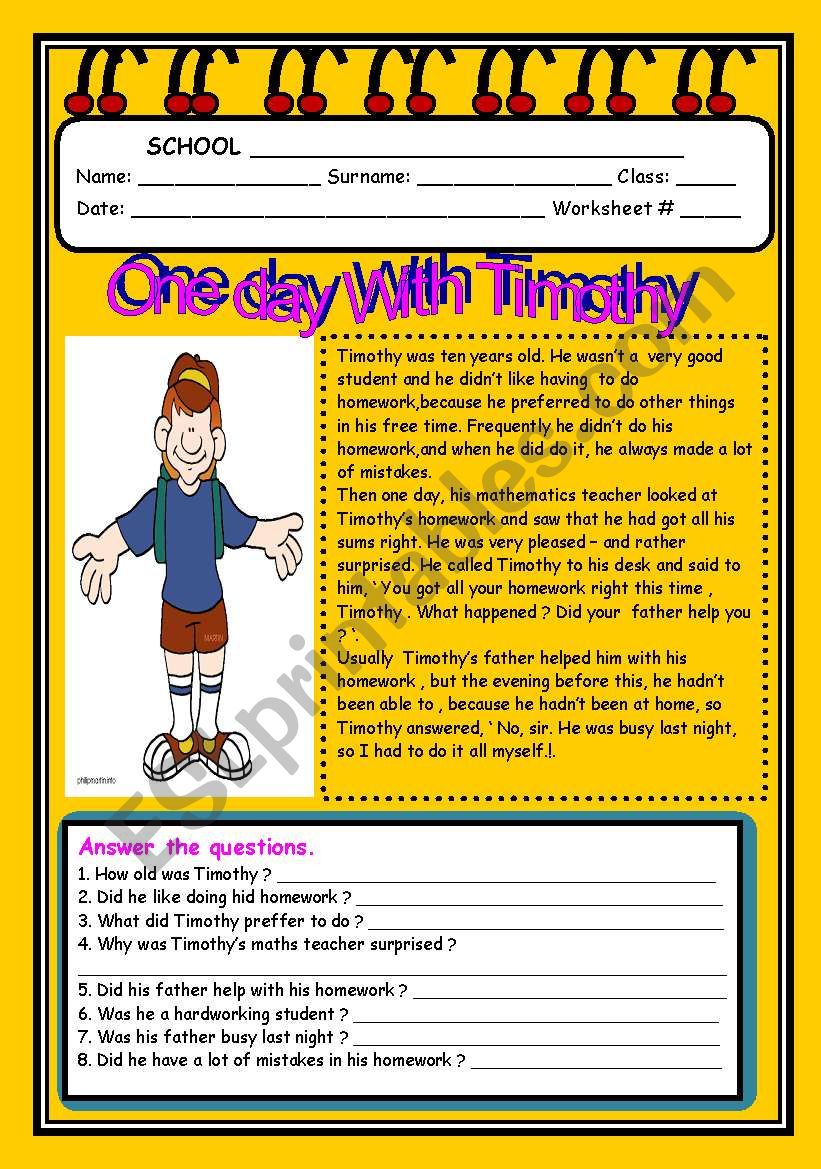 ONE DAY WITH  TIMOTHY  worksheet