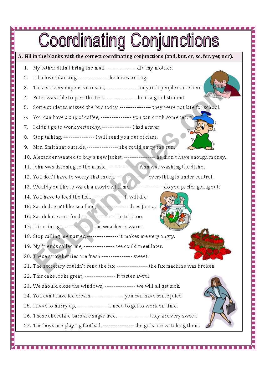 Coordinating Conjunctions (FANBOYS) Worksheet for 4th - 8th Grade