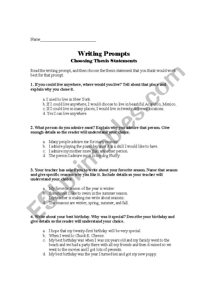 Writing Prompts- Choosing Thesis Spatements