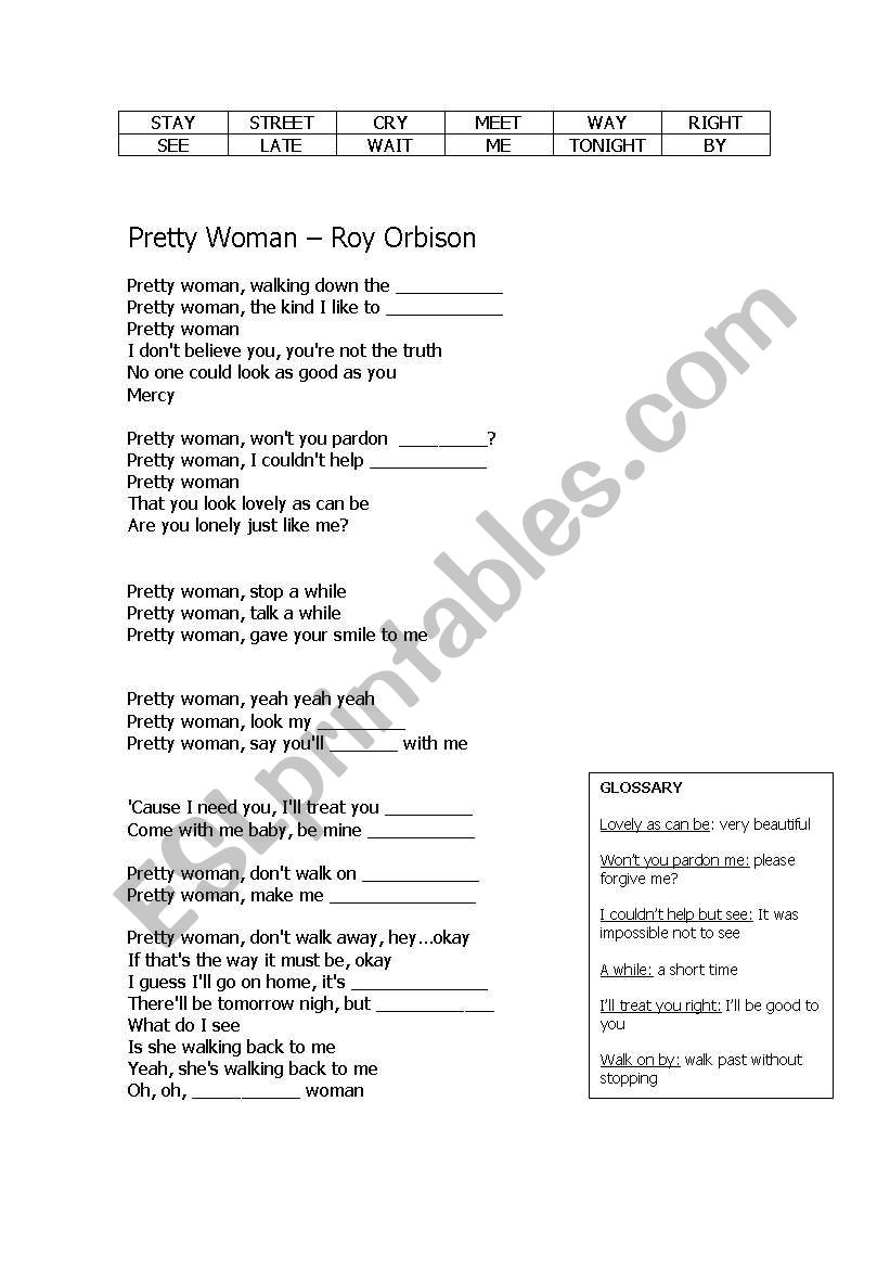 Song Exercise - Pretty Woman worksheet