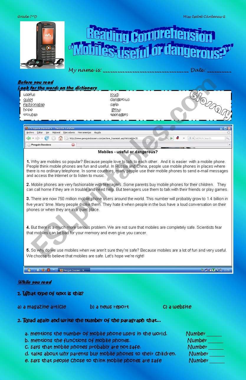 Mobile phones useful or dangerous?  READING SKILL
