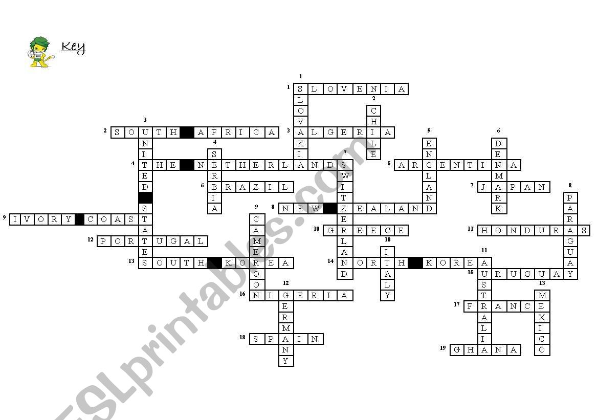 World Cup 2010 Crossword Key worksheet