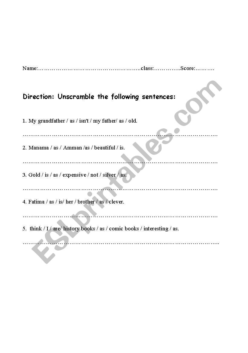As.....as(equal comparisons) worksheet