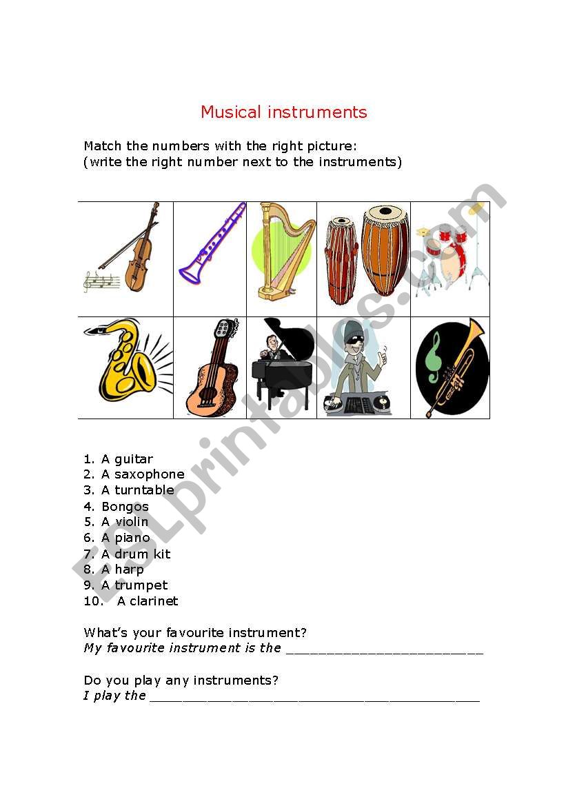 musical instruments worksheet