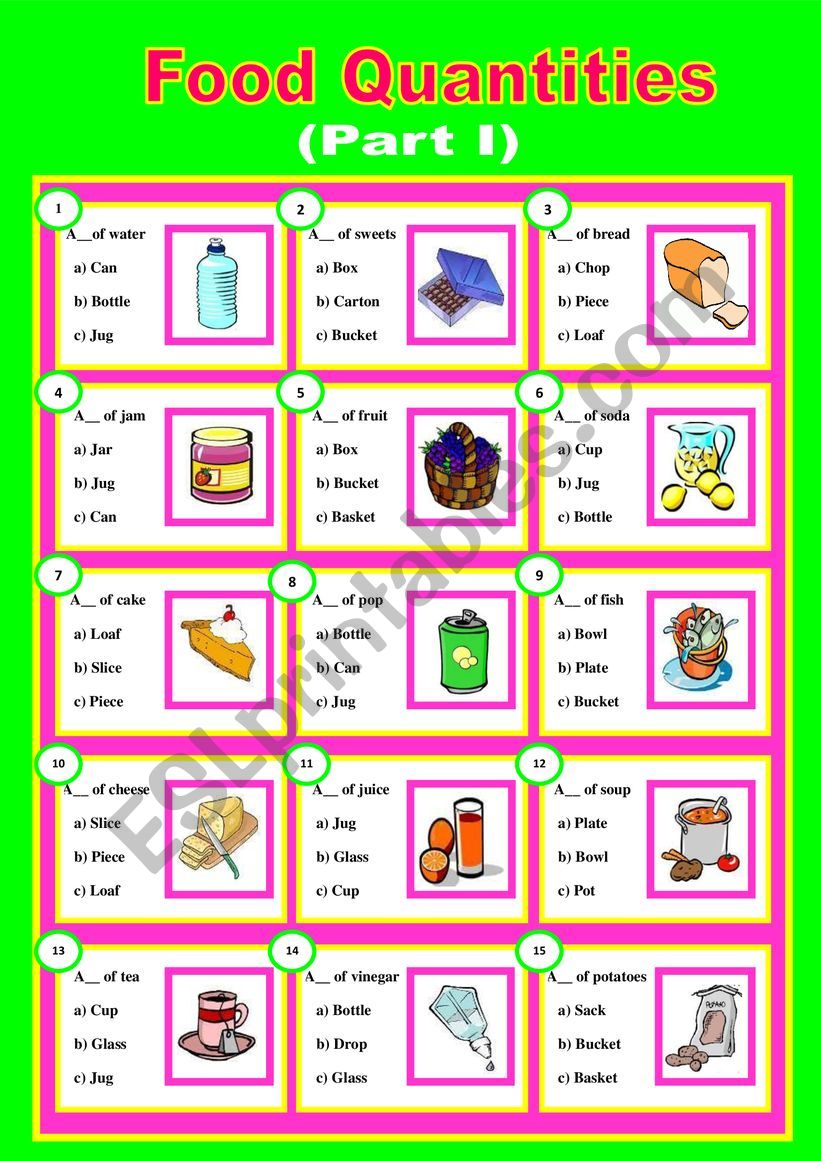 Food Quantities (Part I) worksheet