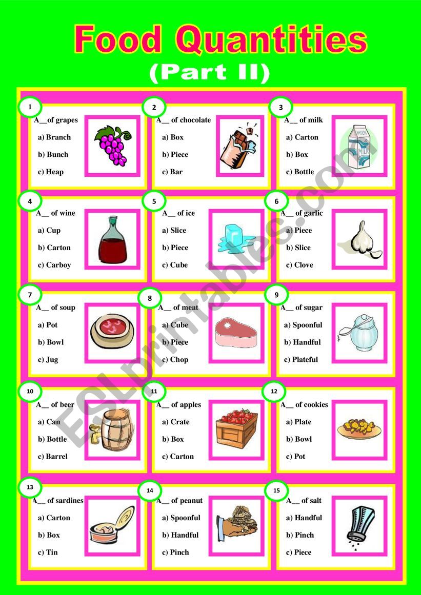 Food Quantities (Part II) worksheet