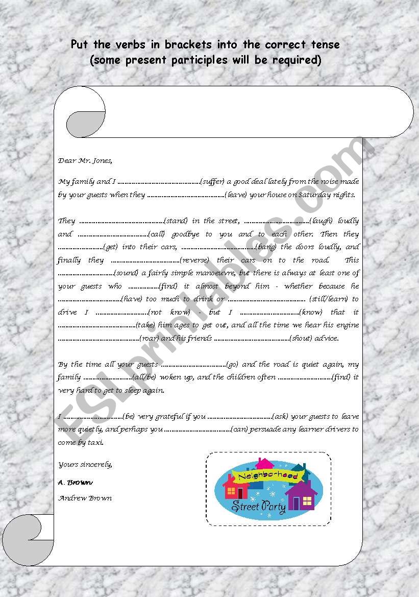 Letter to a neighbour worksheet