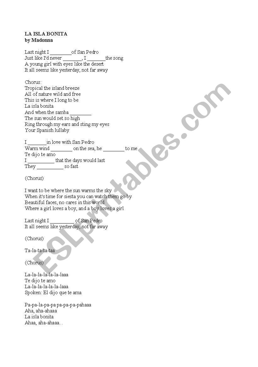 LA ISLA BONITA by Madonna worksheet