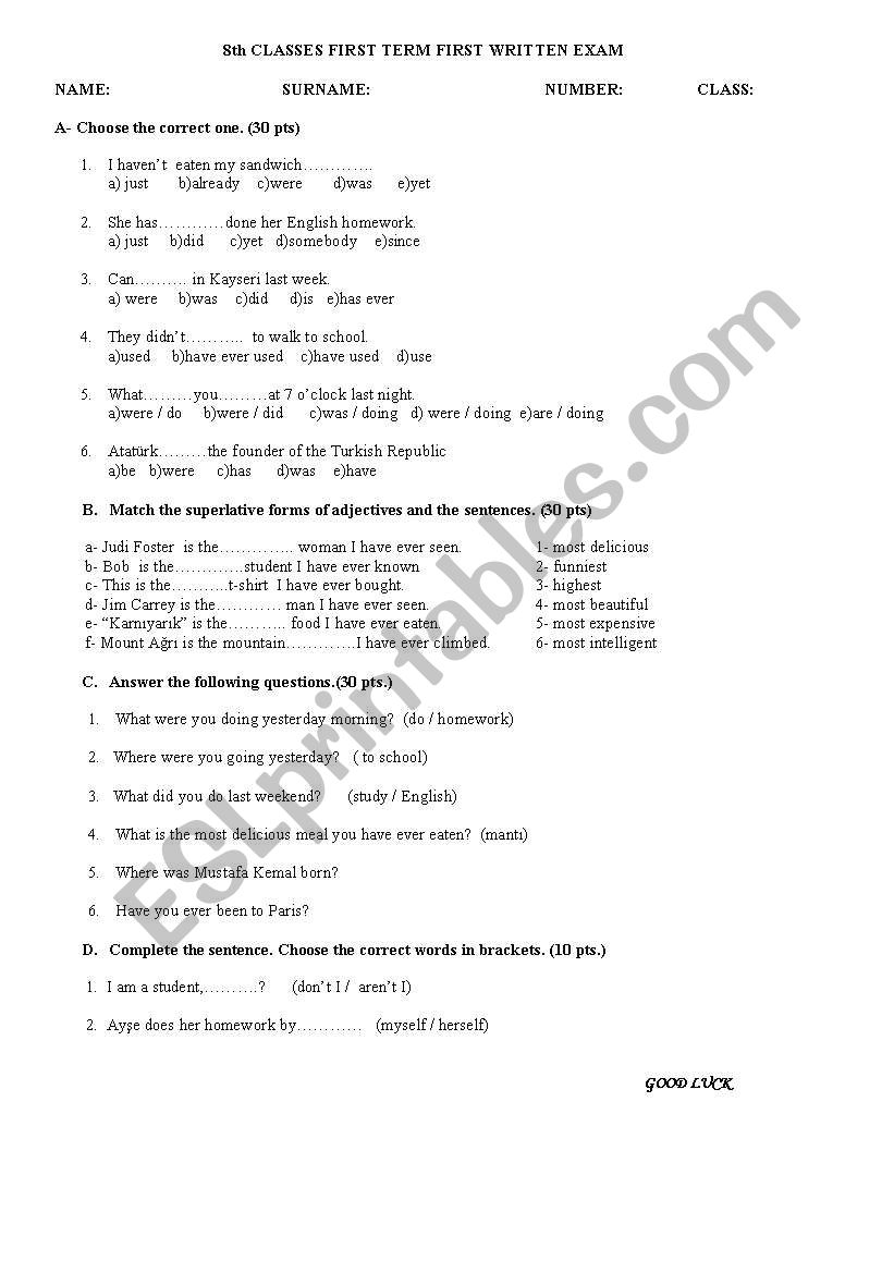 exam questions for 8th grades worksheet
