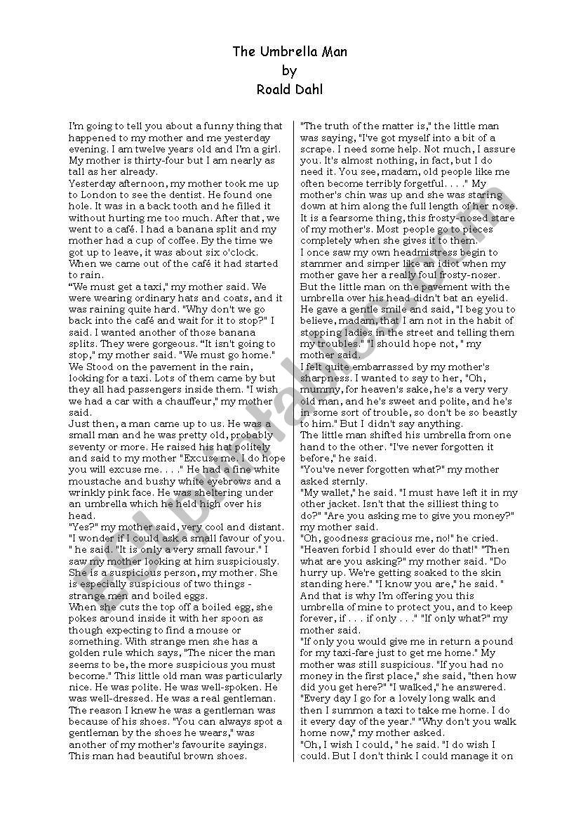 Roald DahlÂ´s Â´The Umbrella ManÂ´ short Story + Test
