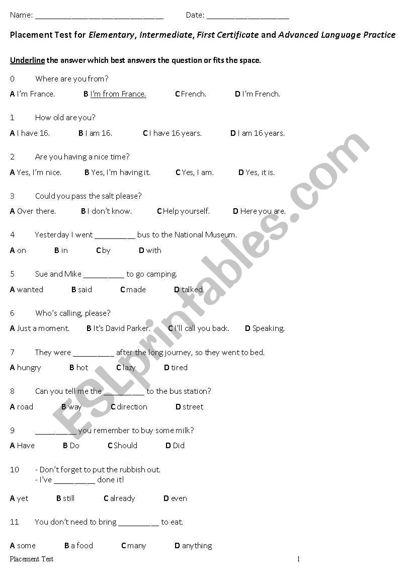 placement test worksheet