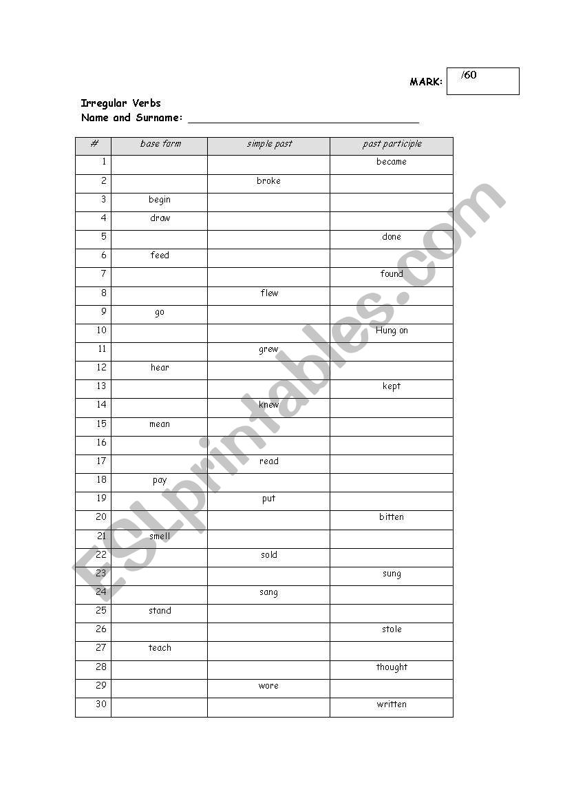 irregular verb test worksheet