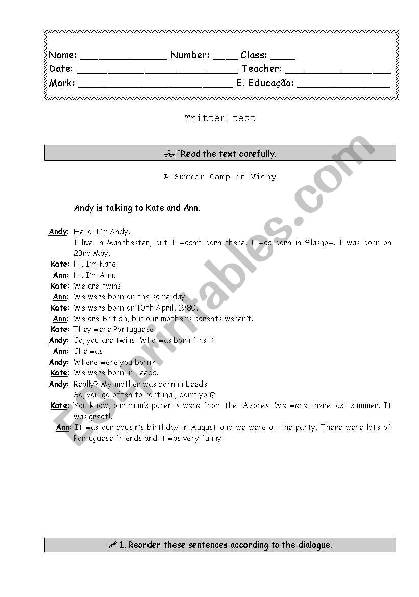 Test  - to be born worksheet