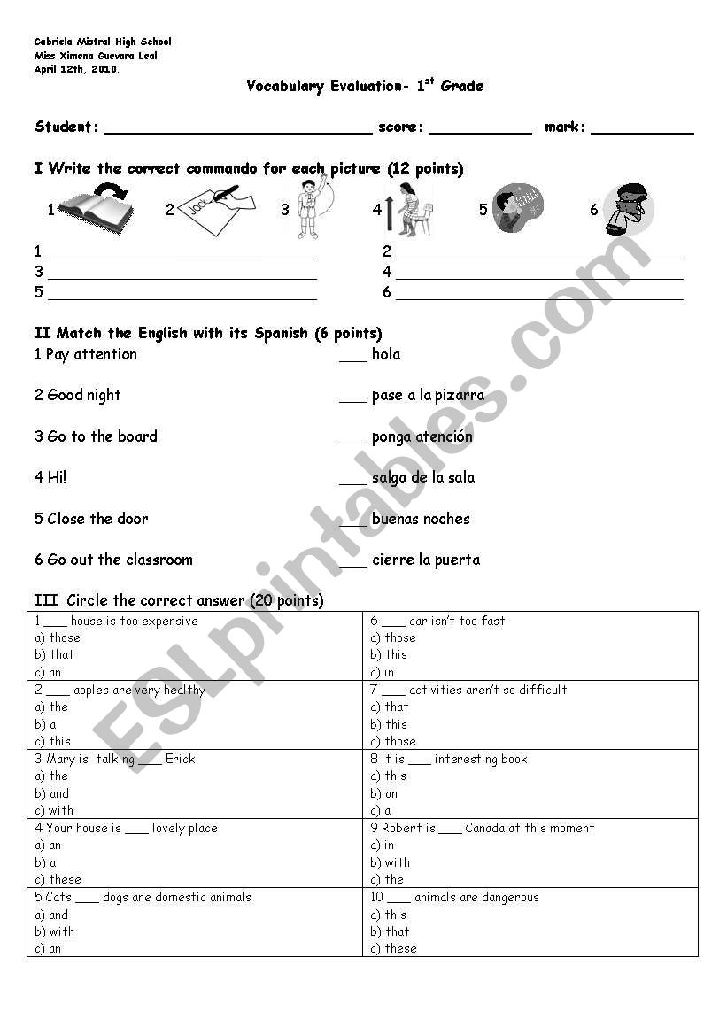 Vocabulary test worksheet