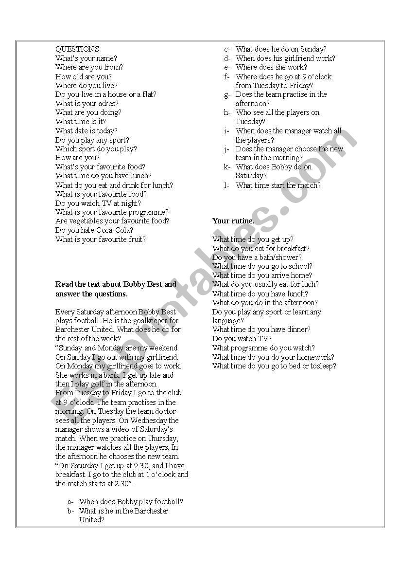 ORAL QUESTIONS worksheet