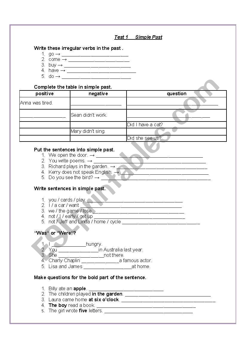 Simple Past - Test 1 worksheet