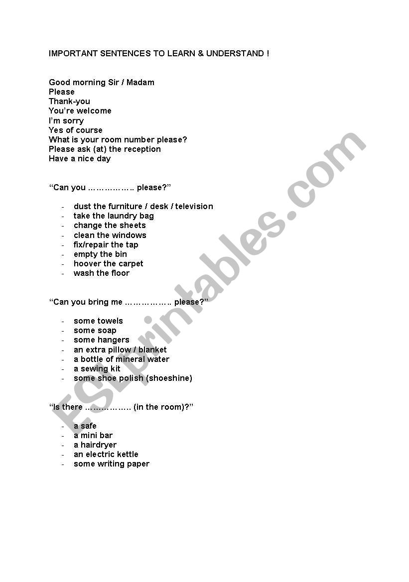 Hotel workers vocabulary worksheet