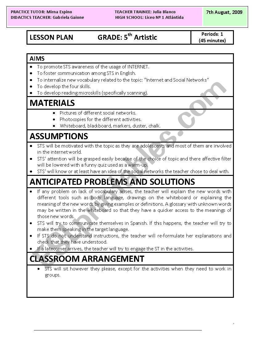 Social Networks worksheet