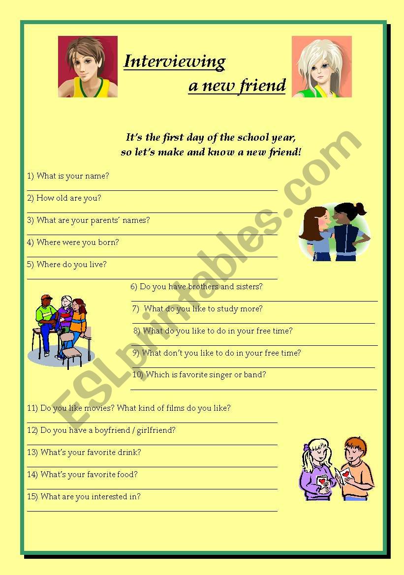 Interviewing a new friend worksheet