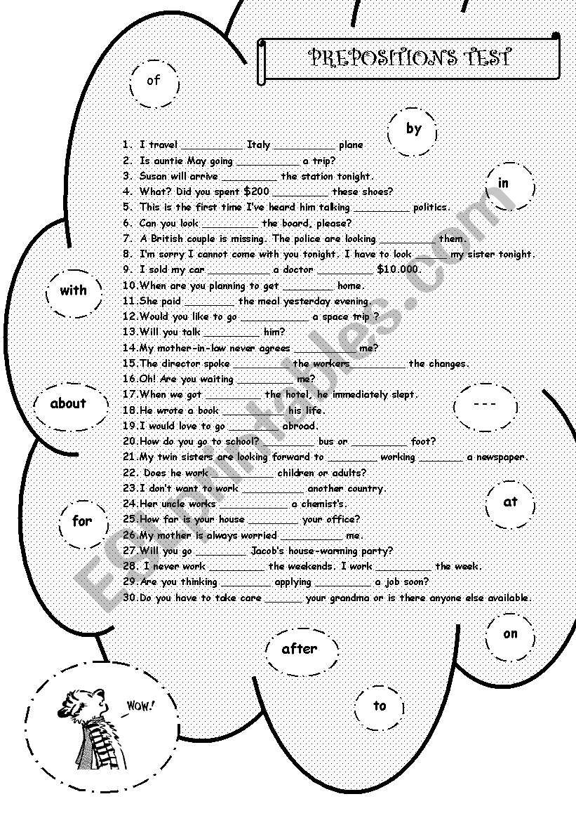 Prepositions test (mainly with verbs)