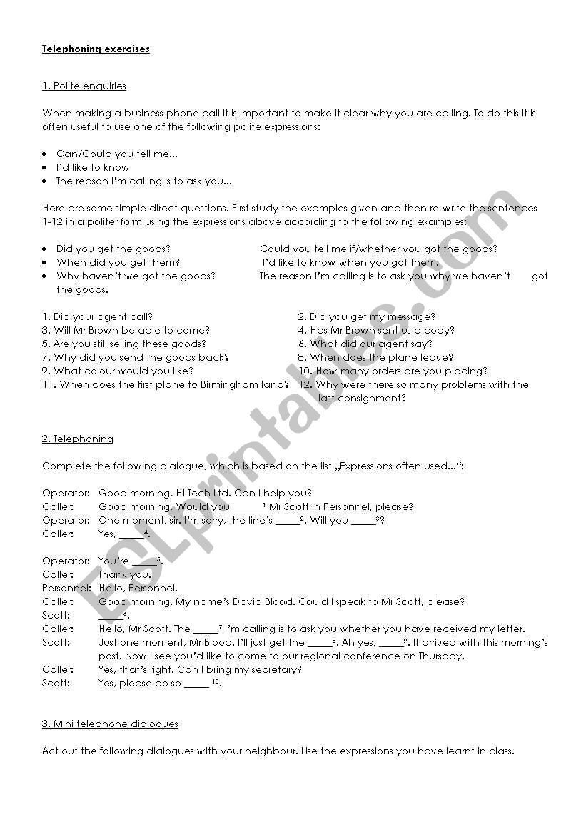 telephone worksheet