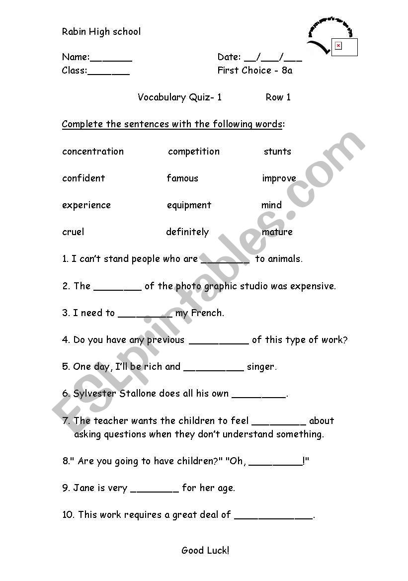 Vocabulary  Quiz worksheet