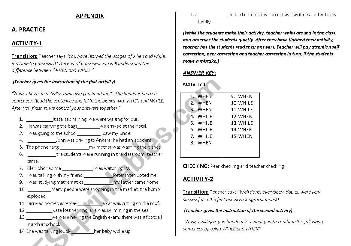 WHILE-WHEN ACTIVITIES worksheet