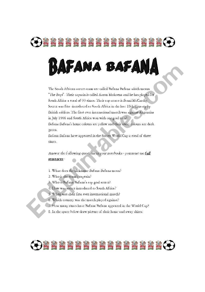 South African Soccer Team worksheet