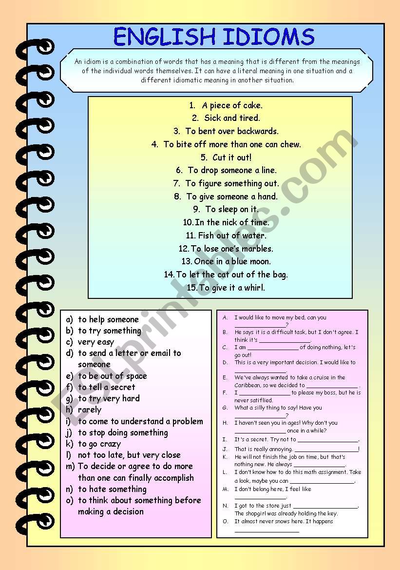 English idioms worksheet