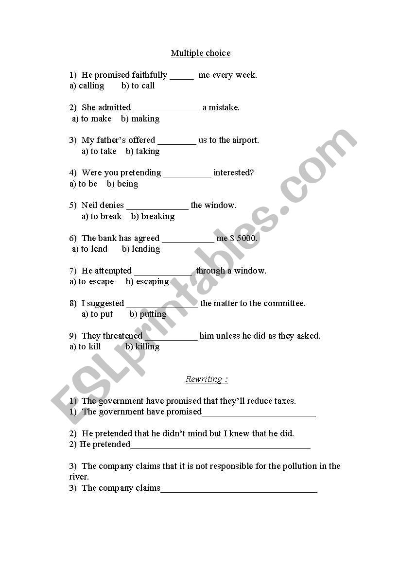 Verbs patterns 2 worksheet