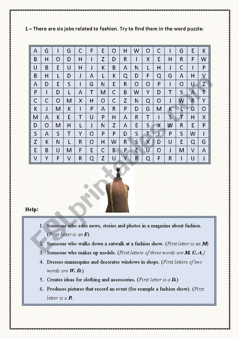 Jobs related to fashion  worksheet