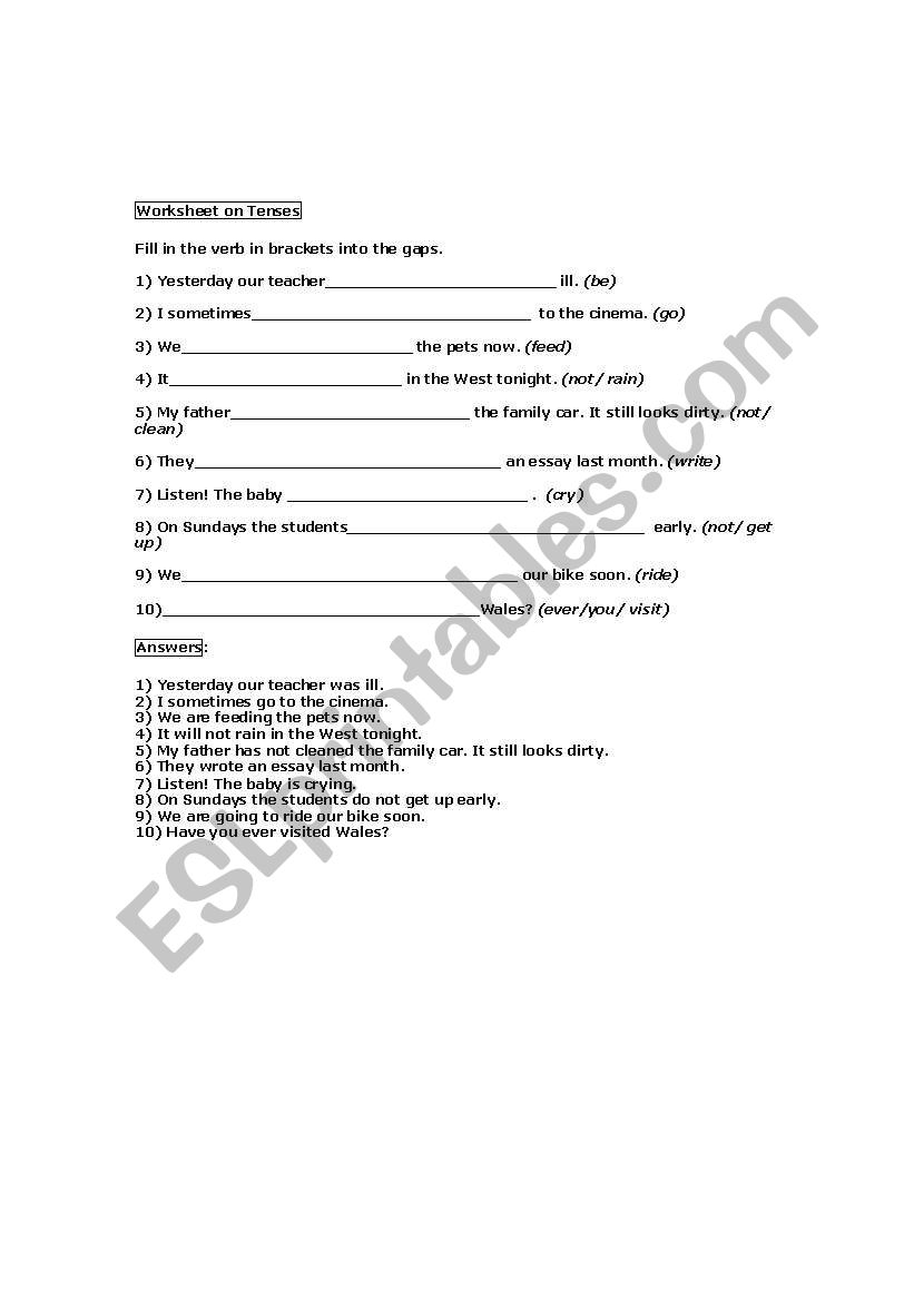 Worksheet on English Verb Tenses