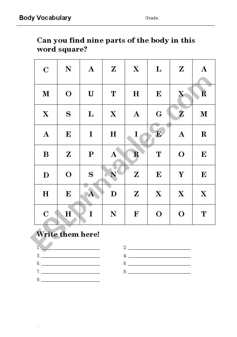 Body Vocabulary word search worksheet