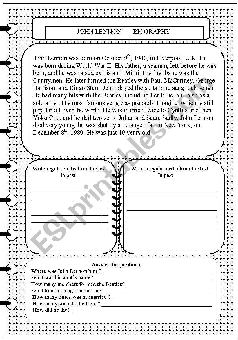 John Lennon Biography worksheet