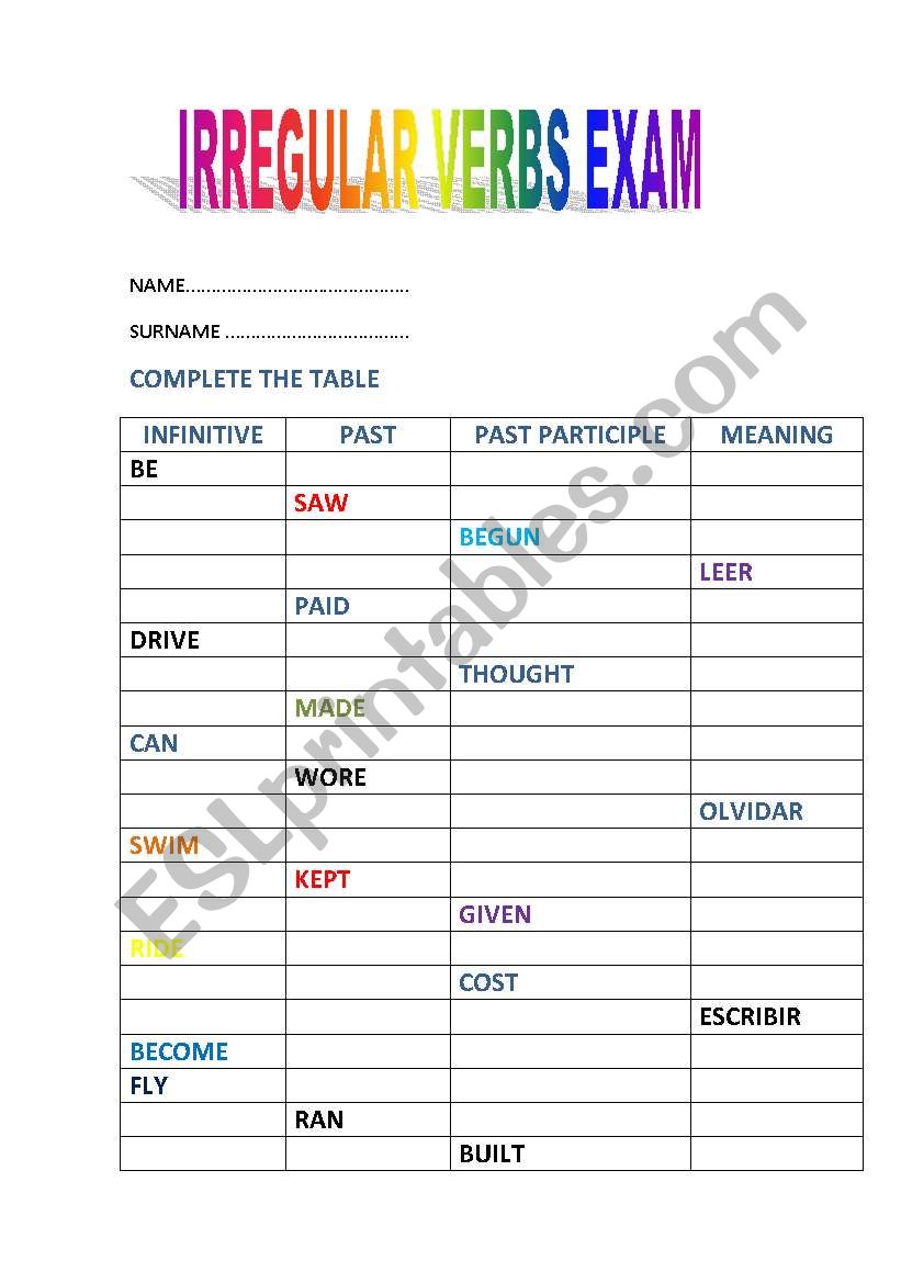 IRREGULAR VERBS EXAM worksheet