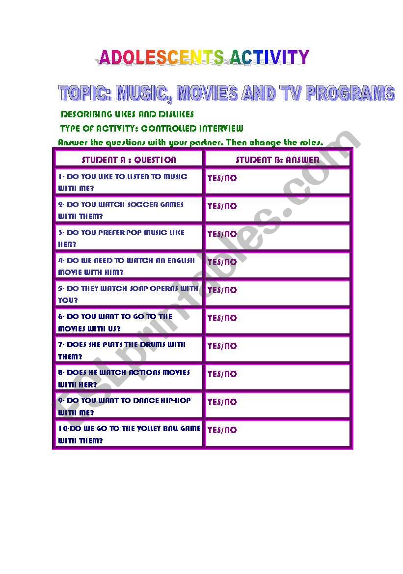 Discribing likes and dislikes worksheet