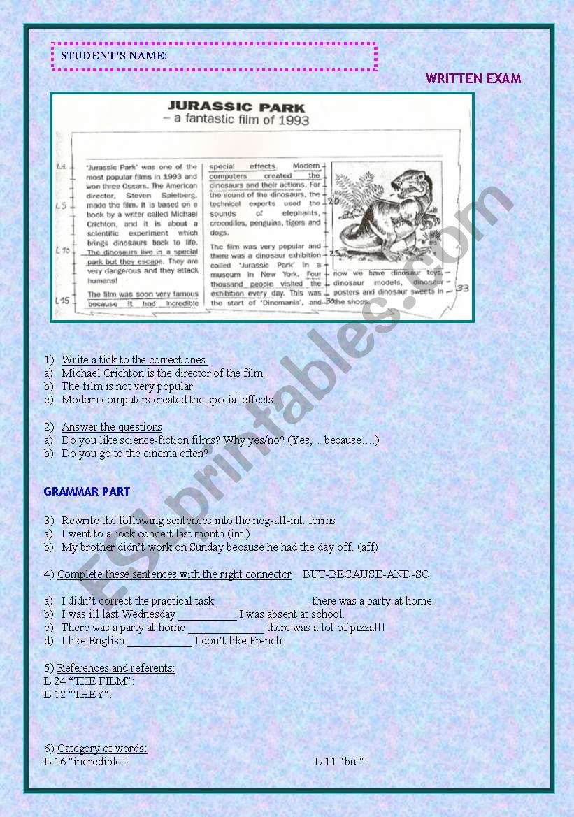 Jurassic Park -Past Simple worksheet