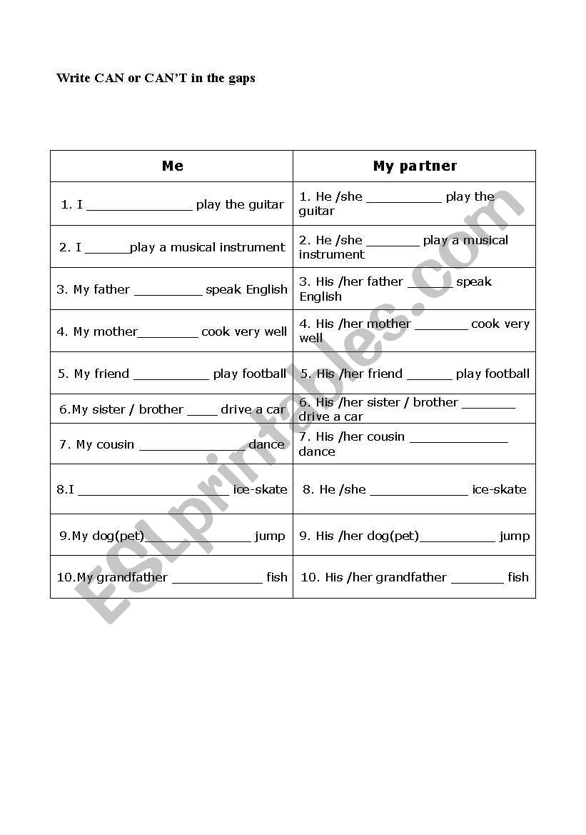 Can - cant worksheet