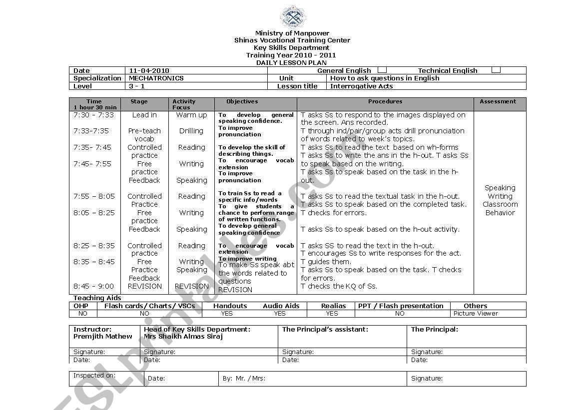 Lesson plan for Wh-questions  worksheet