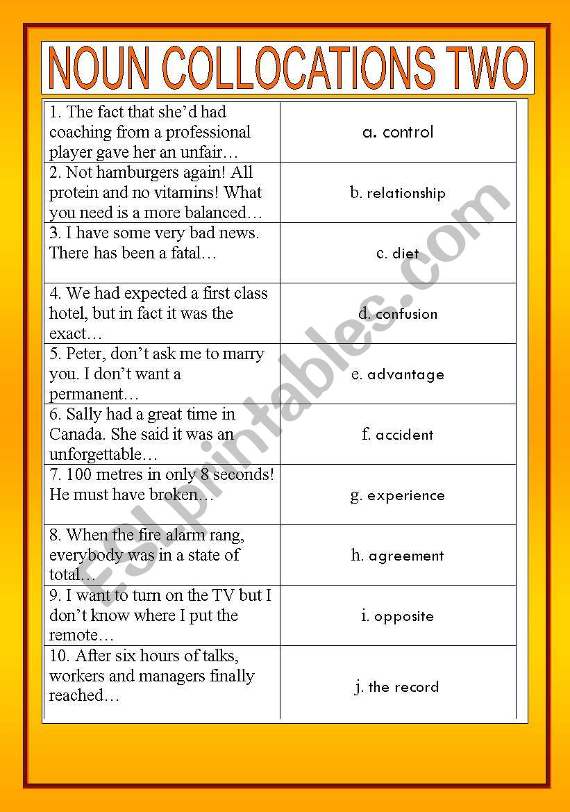 Noun collocations 2 worksheet