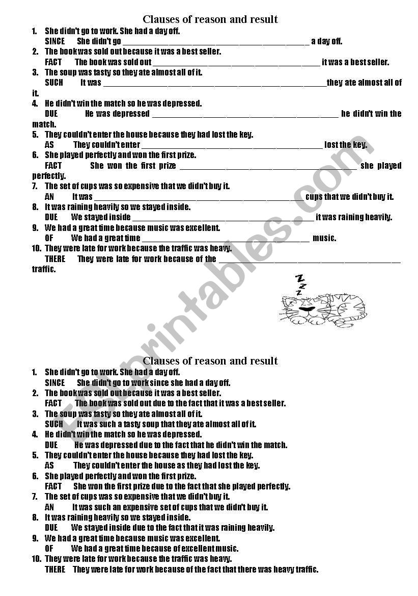 clauses of reason and result worksheet